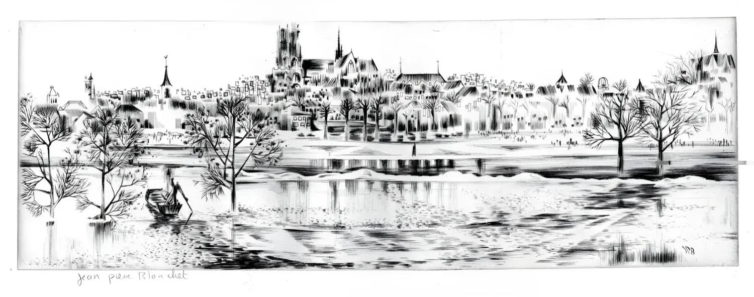 Gravure - Orléans sur la barque 1968 - Jean Pierre BLANCHET